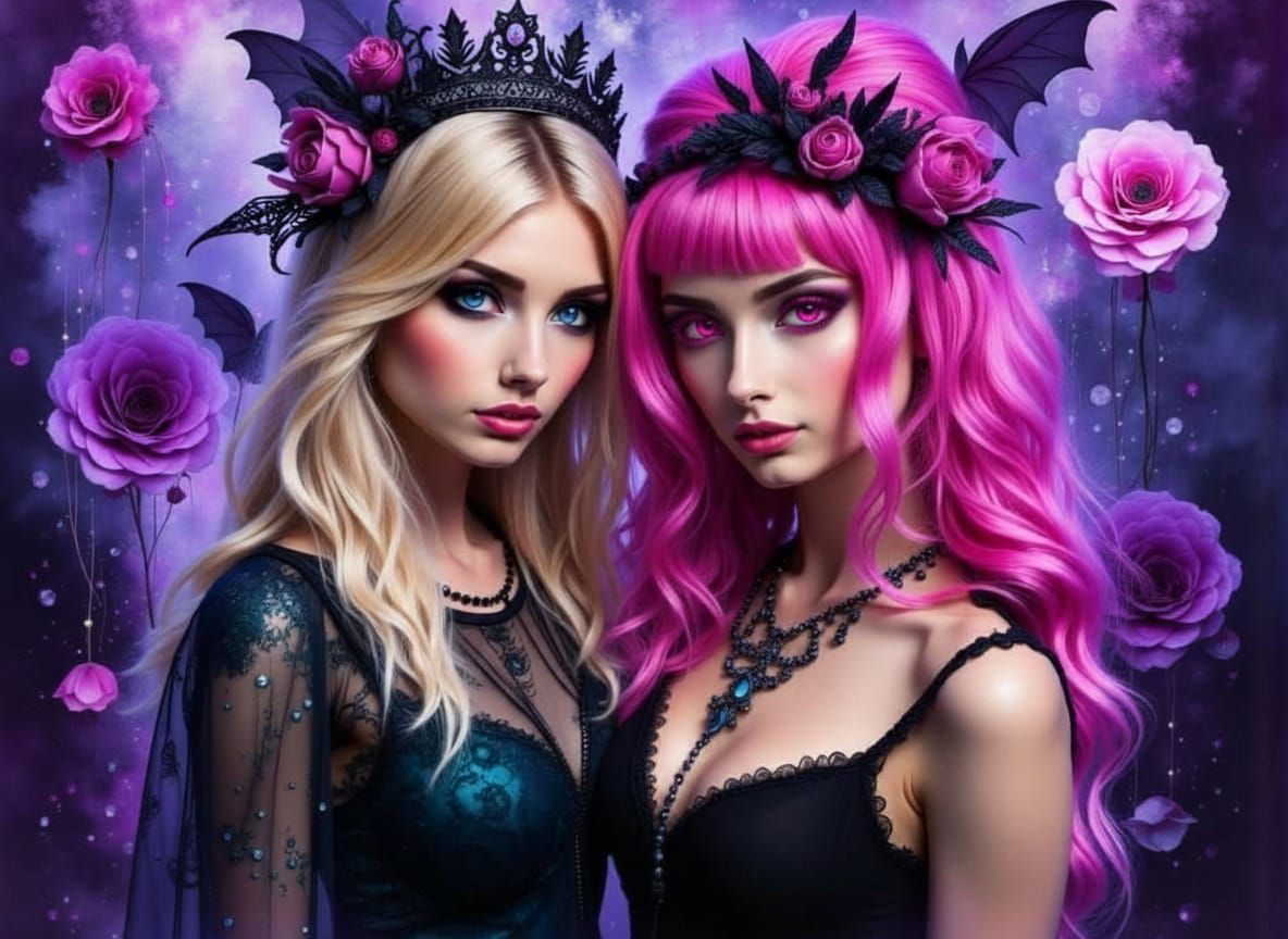 Blonde and Pink Haired Women Friends With Ink Splatter