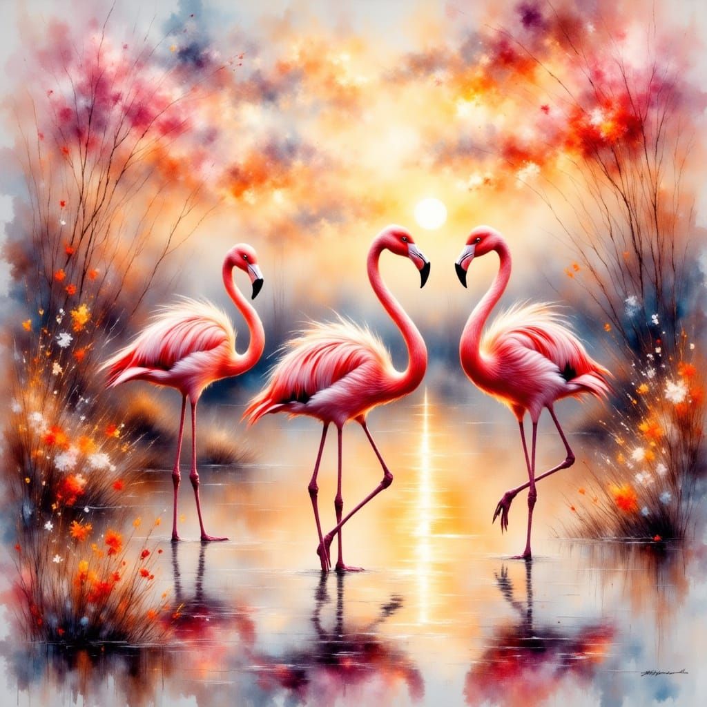 Pink Flamingos in Sunset Lagoon: Impressionist Watercolor