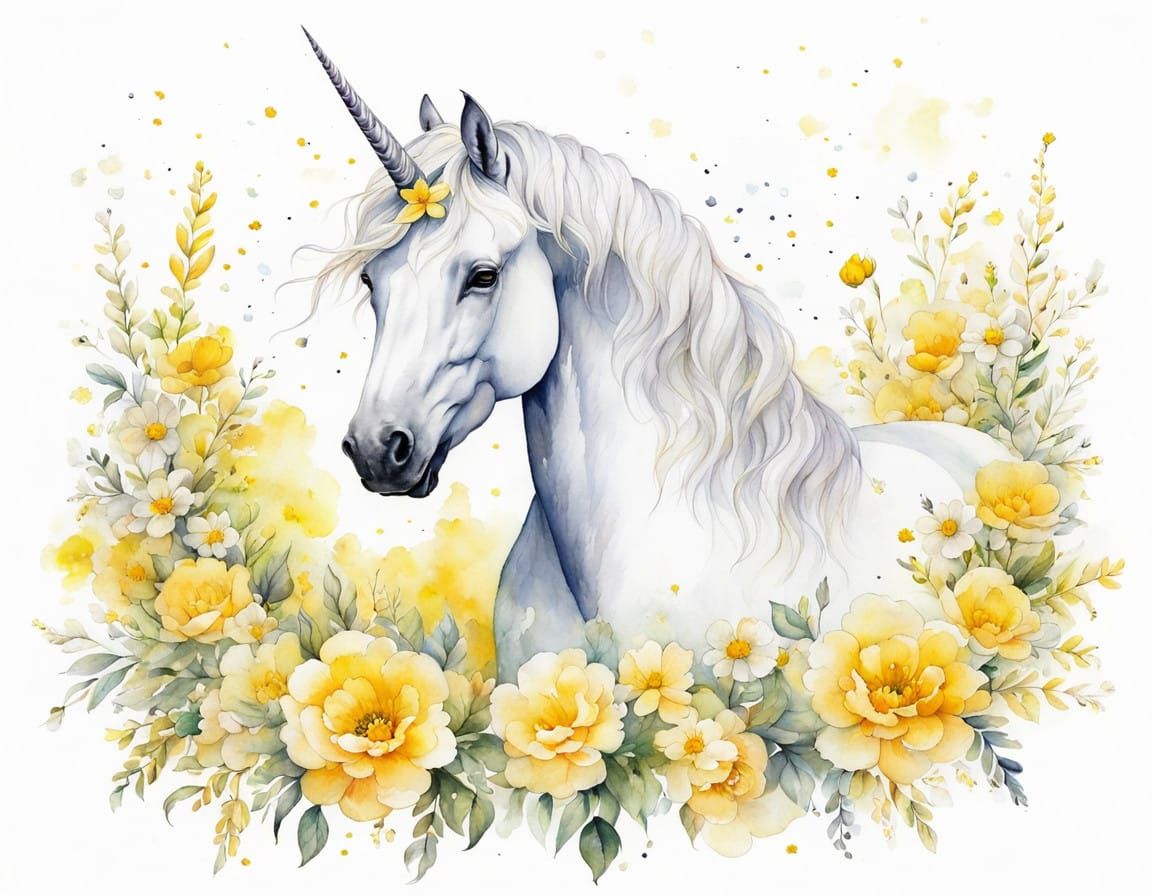 Whimsical Watercolor Unicorn in Vibrant Yellow Bloom
