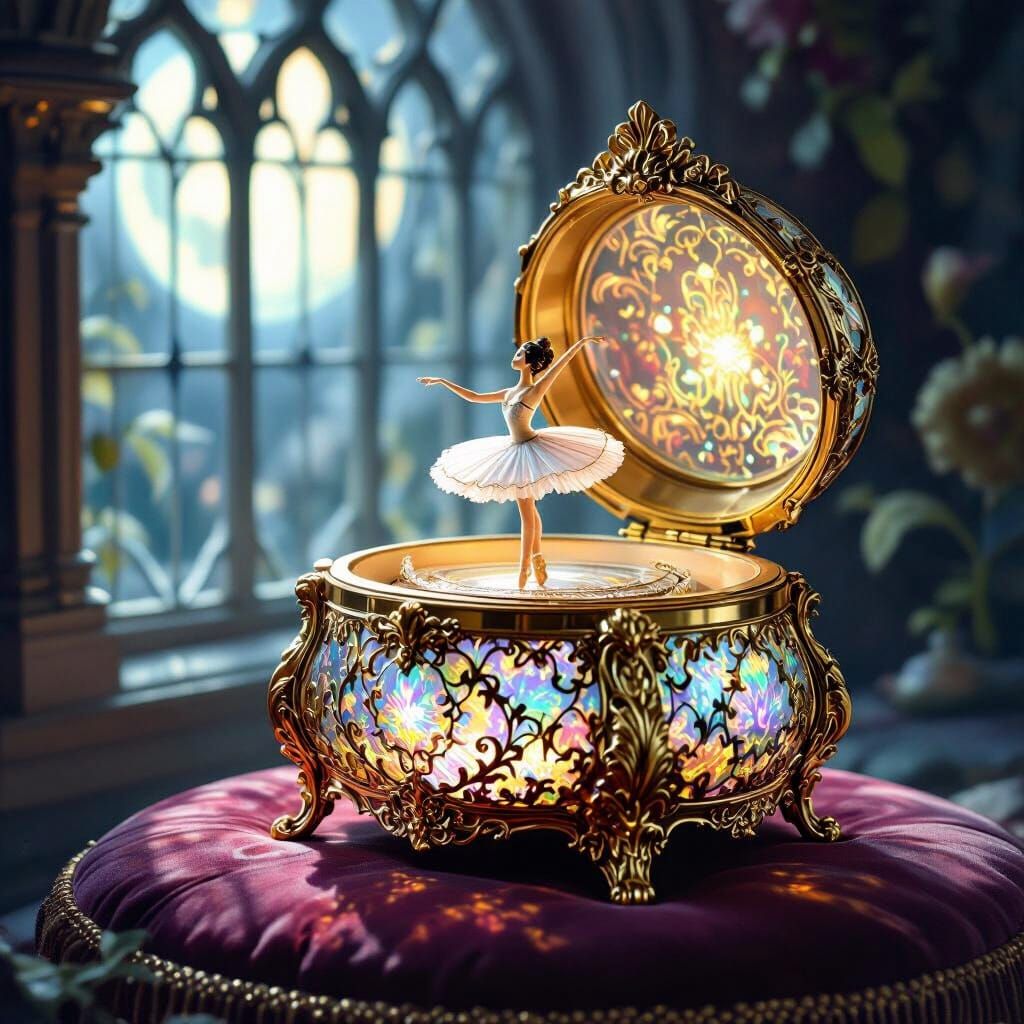 Gilded Music Box with Ethereal Ballerina on Velvet Cushion