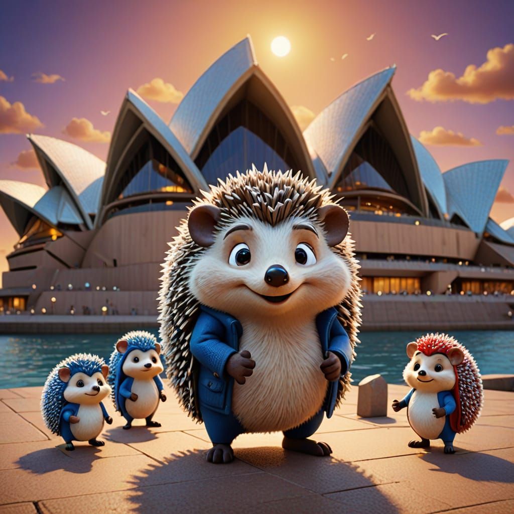 Hedgehog family visiting the Sydney Opera house in Australia