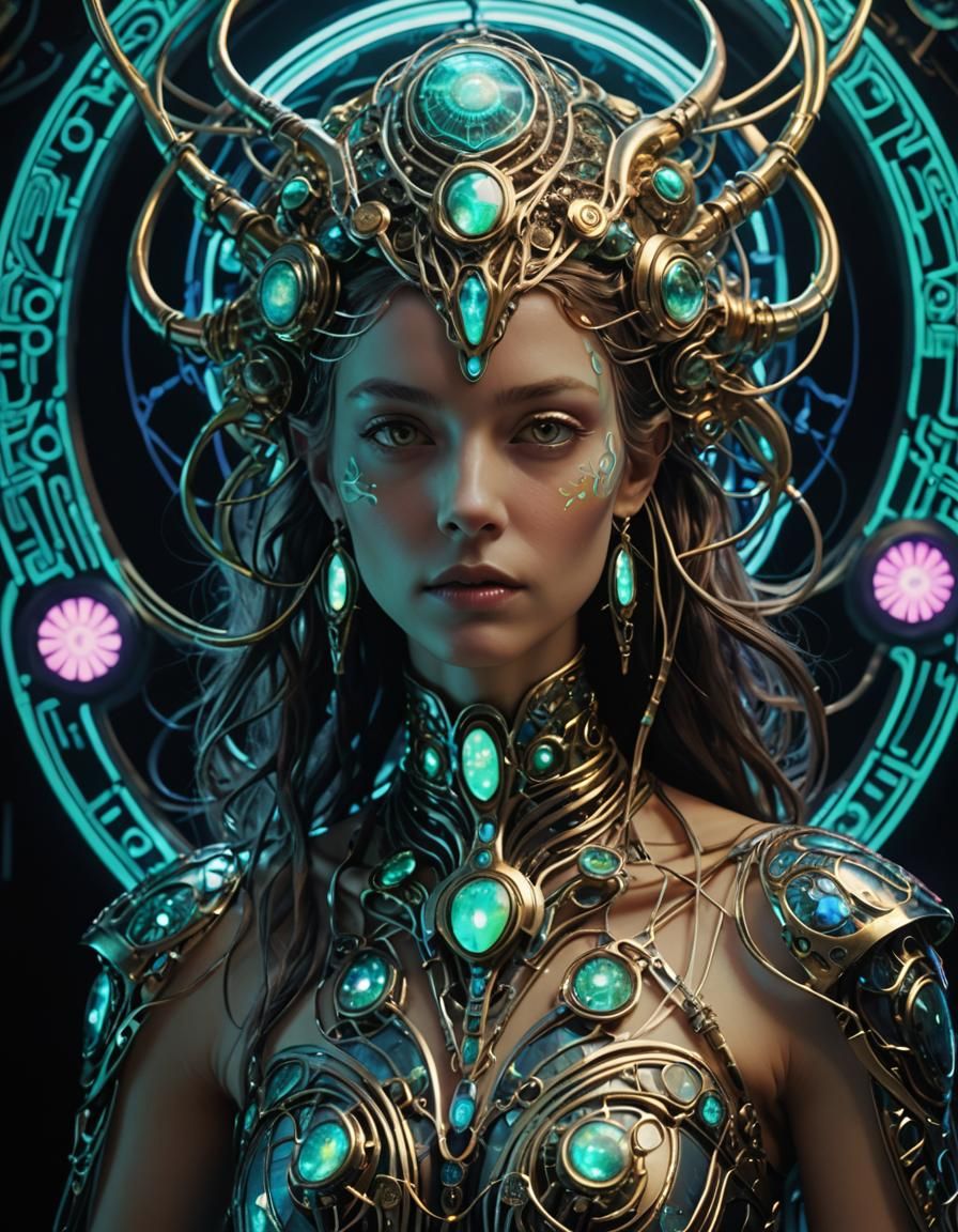 Alien Goddess in Art Nouveau Cyberpunk Style