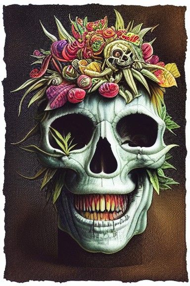 Grotesque Skull in Pot Leaf Crown Illustration