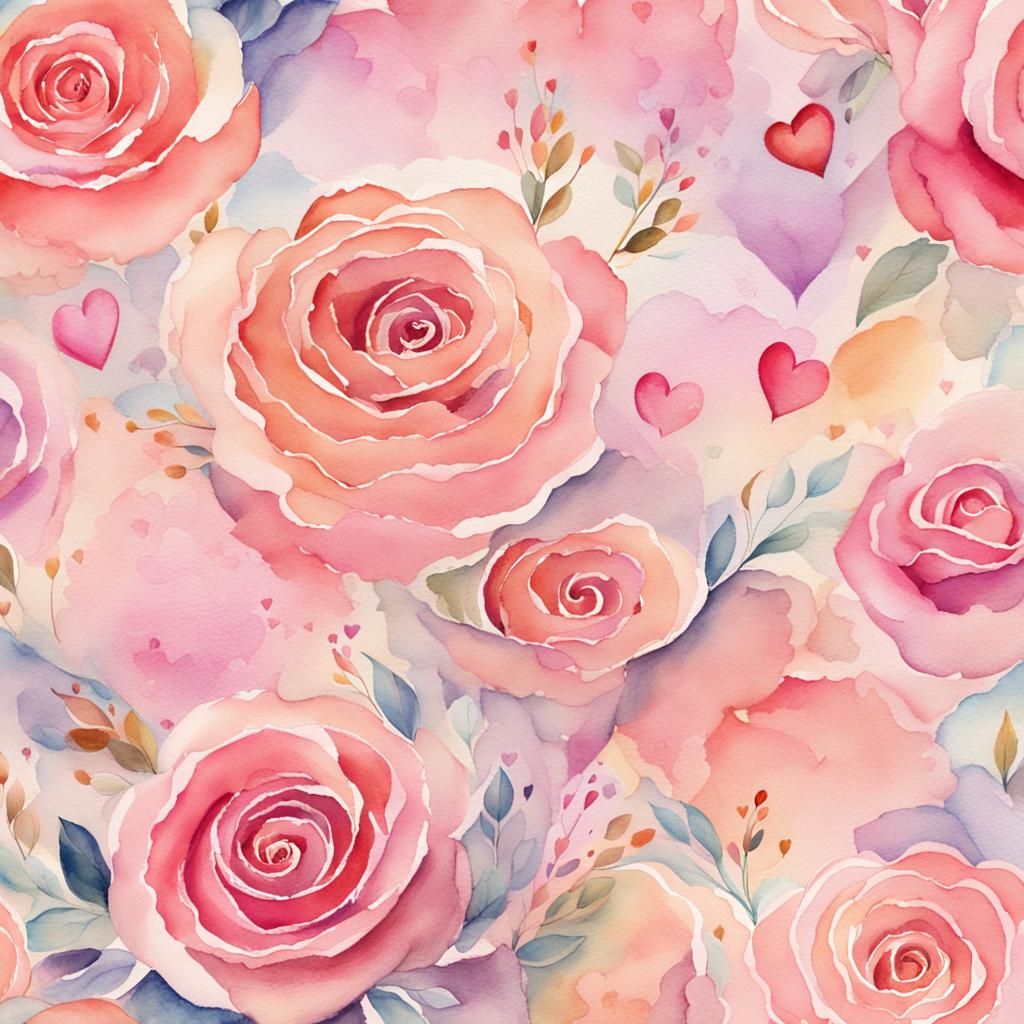 Delicate Watercolor of Pink Hearts and Roses