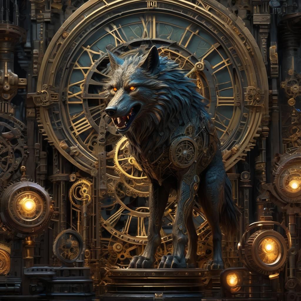 Sinister Wolf in Clockwork Dreamscape: Dark Fantasy Art