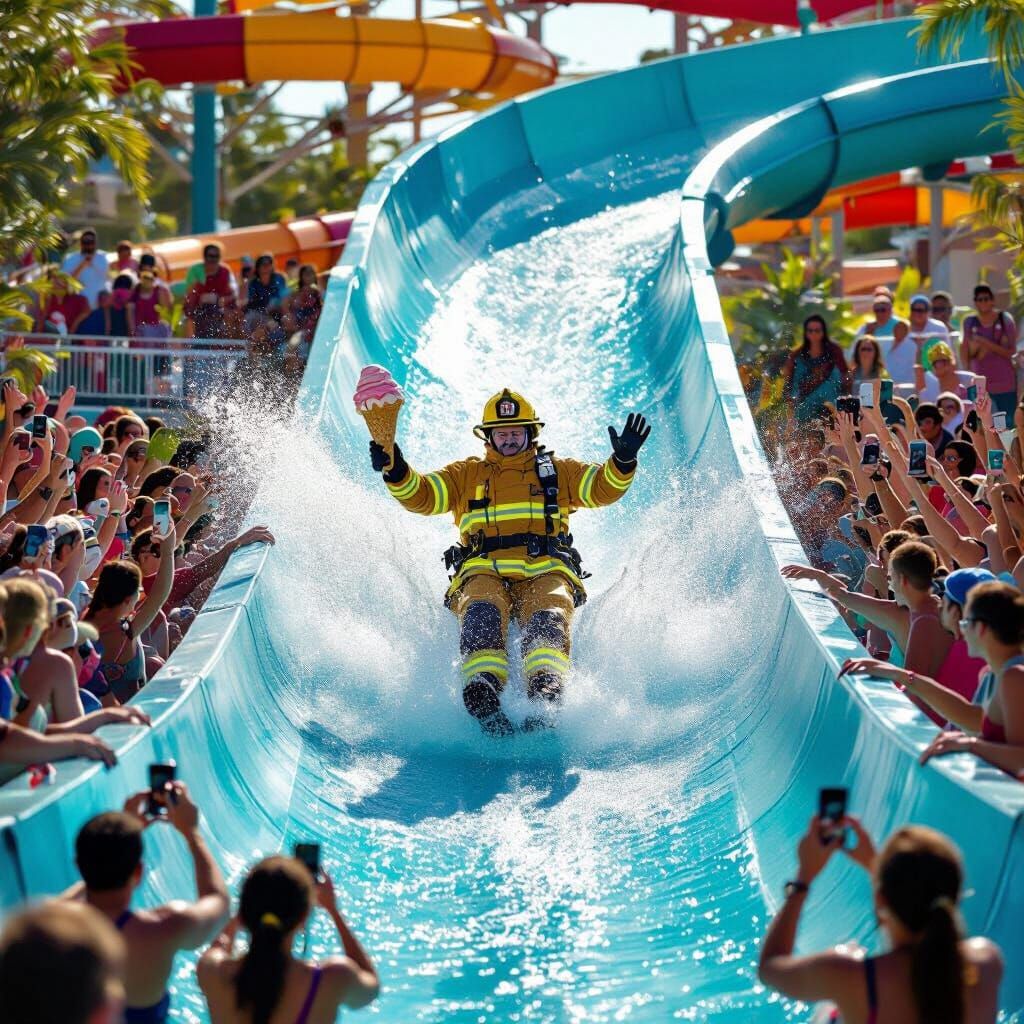 Firefighter Slides Down Giant Water Slide With Ice Cream