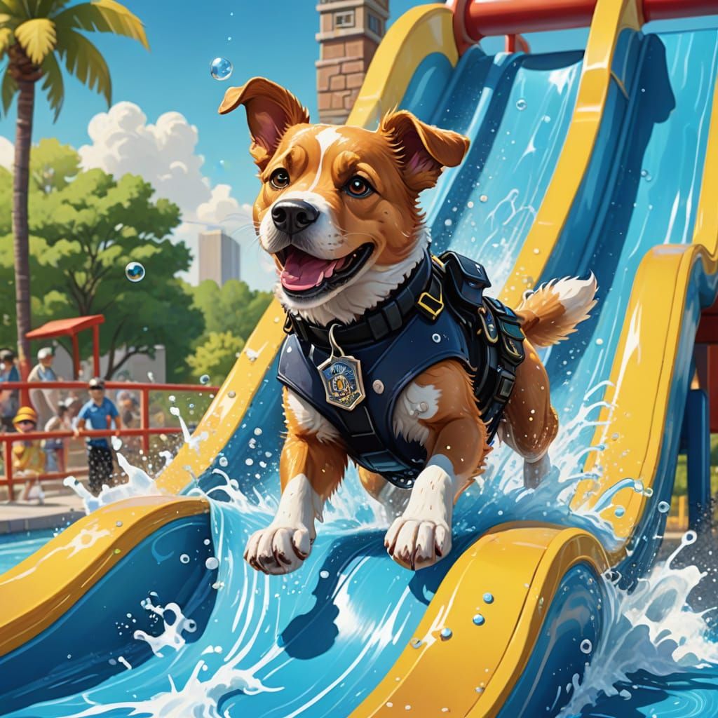 Dog in Police Uniform Slides Down Water Park Ride