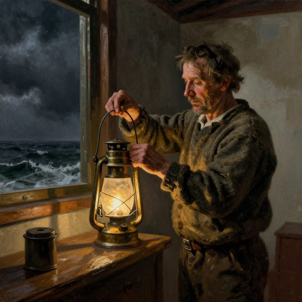 Lighthouse Keeper Polishing Lantern in Stormy Seas