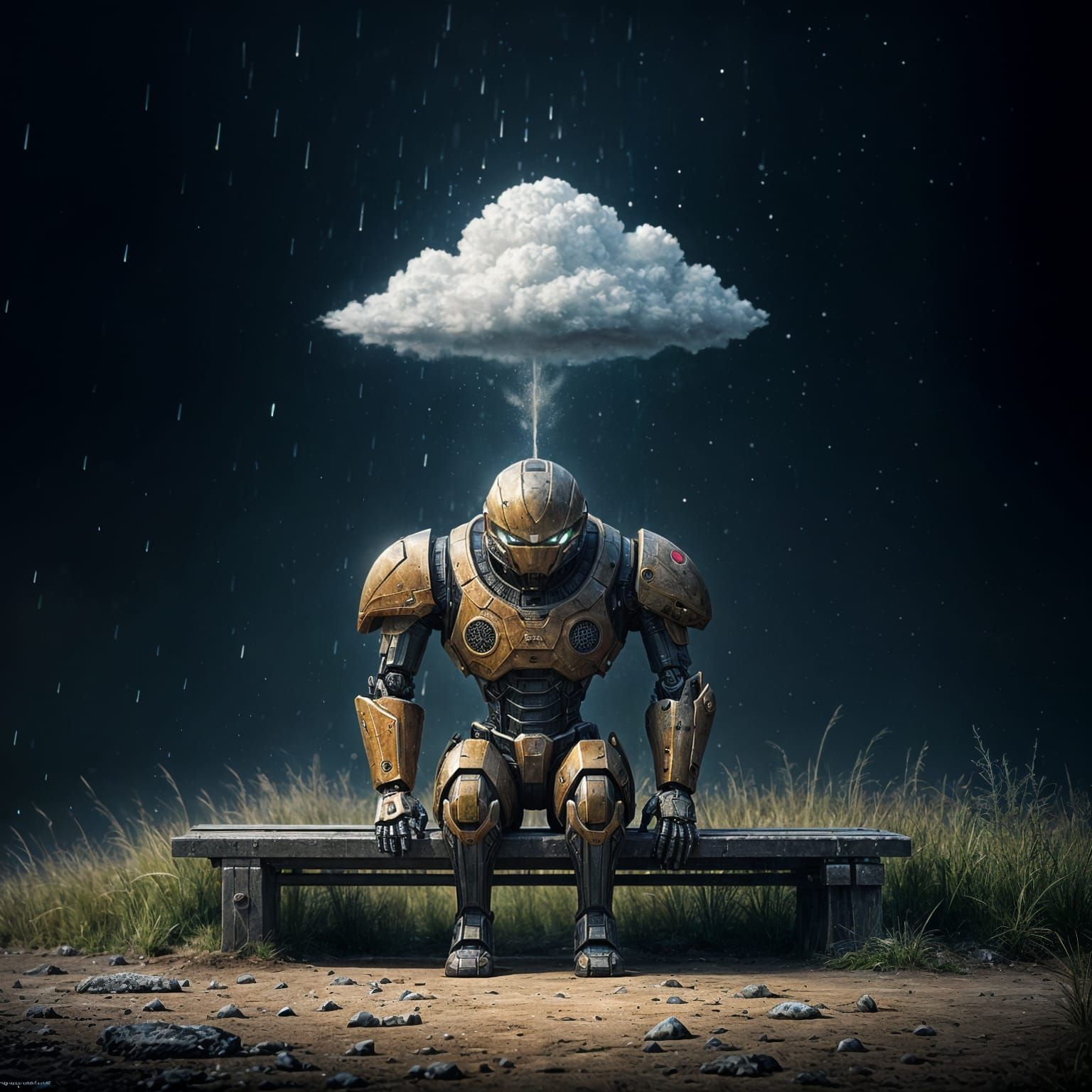 Mecha Robot on Bench with Cloud Growing
