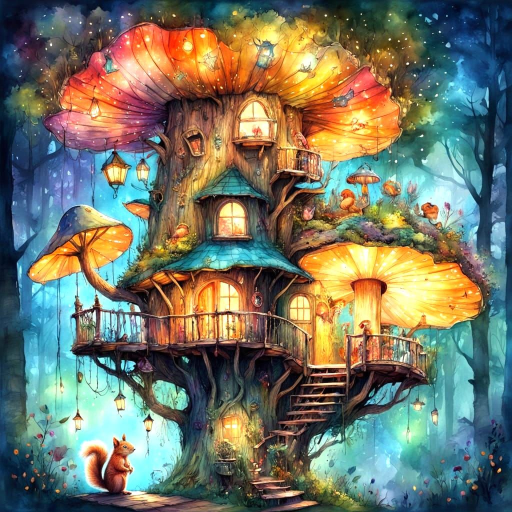Whimsical Treehouse on Giant Mushroom, Twilight Forest Scene