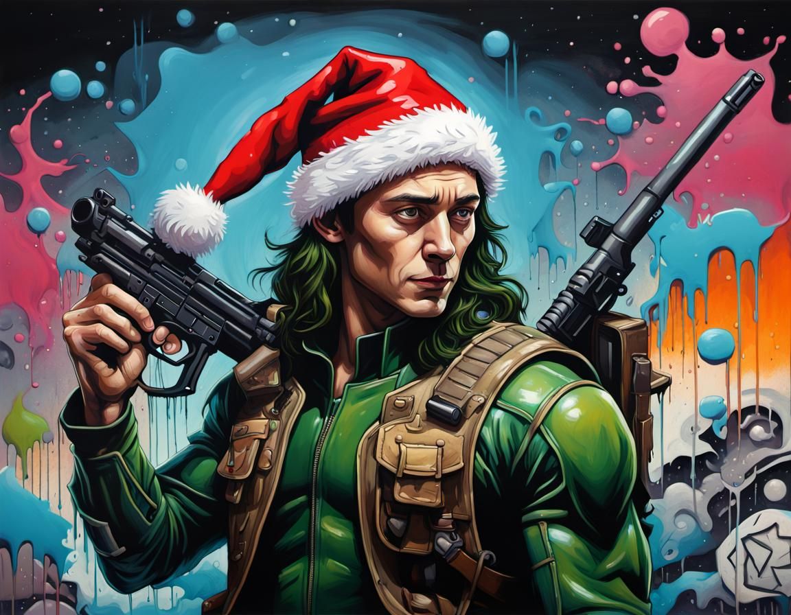 Loki as Graffiti Art with Santa Hat