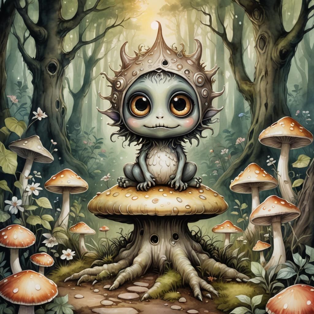 Cute chibi beholder monster in a forest, style of jasmine be...