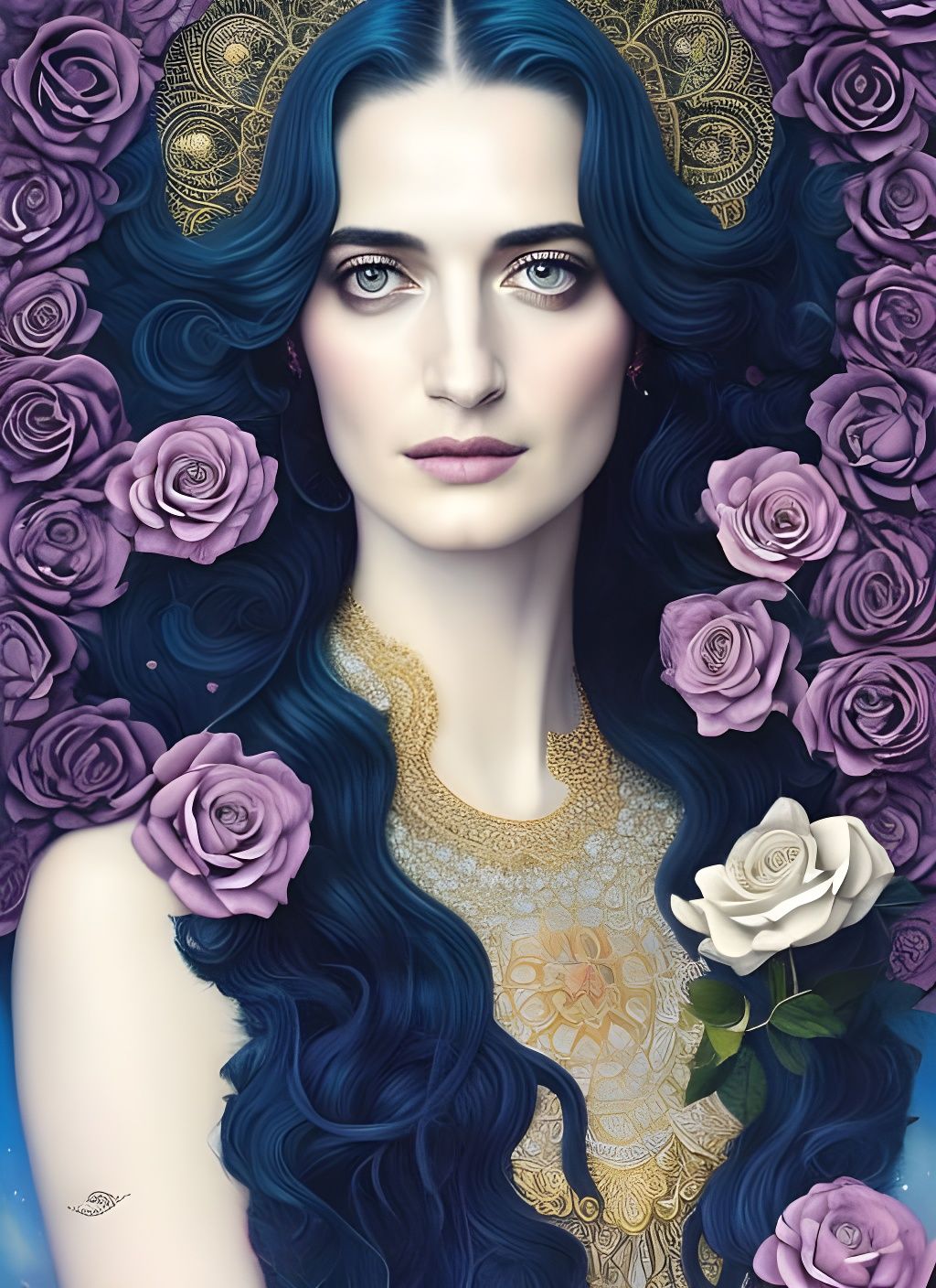 Goddess with Roses in Moonlight, Digital Art