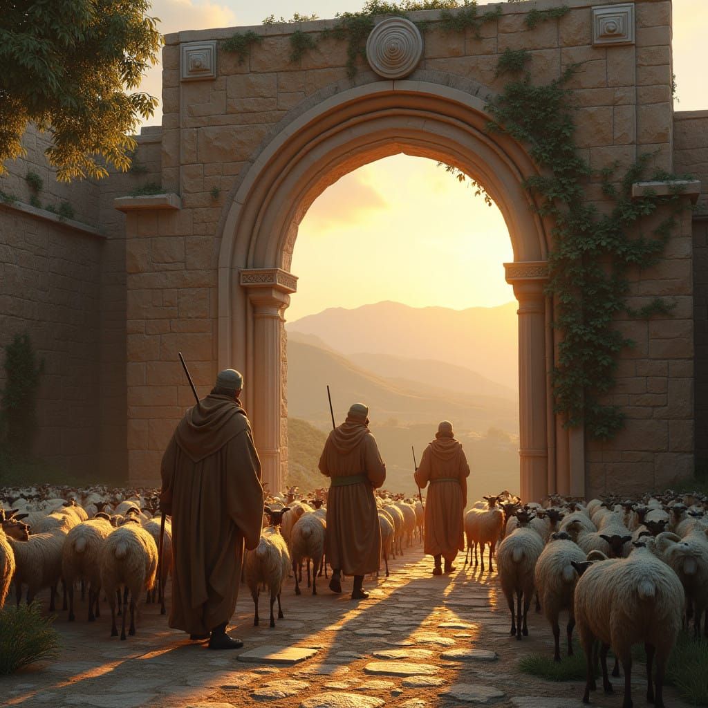 Shepherds Leading Flock Through the Gate of Bethlehem at Daw...