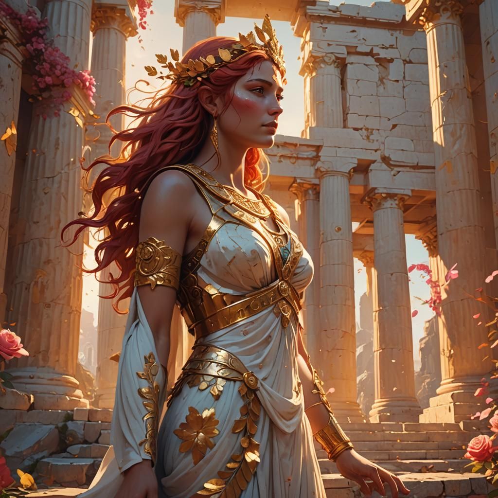 Fantasy Goddess with Flowing Red Hair and Golden Leaves