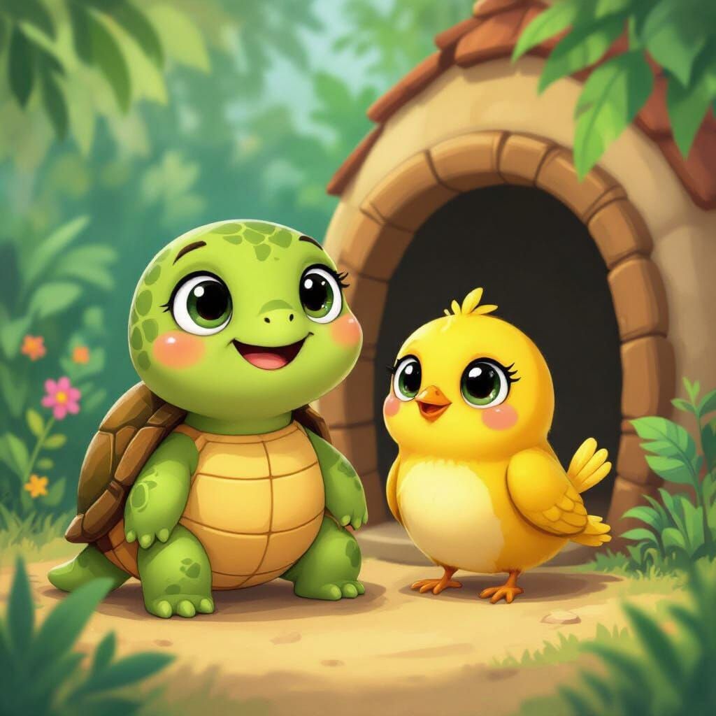 Cute Turtle & Bird in Vibrant Jungle Home