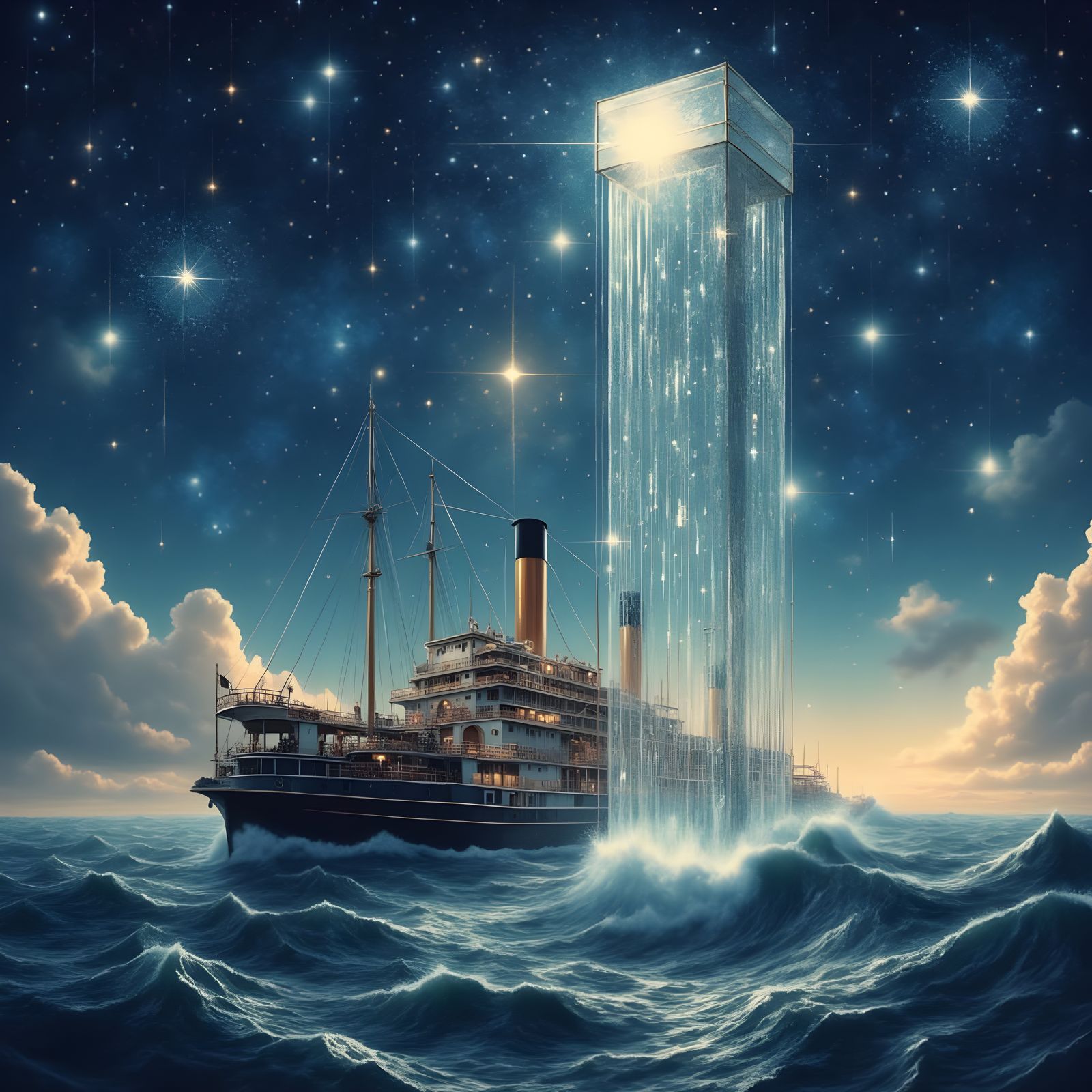 Glass Elevator Soars Through Starlit Sky Above Steamship