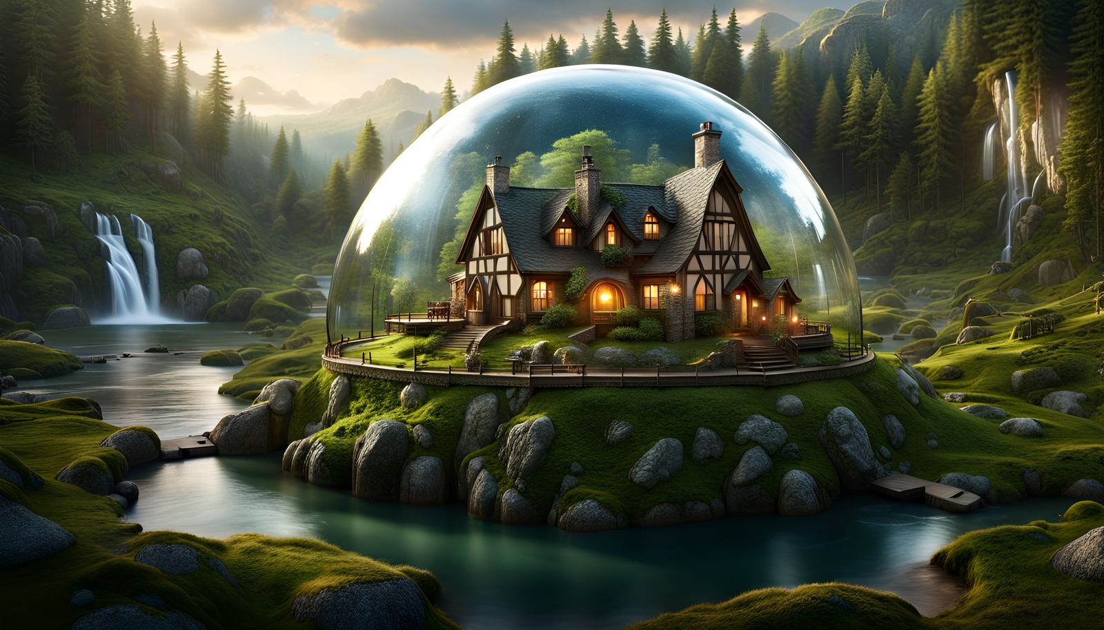 A Glass Dome Over A Small Middle Earth Style Village (Contin...