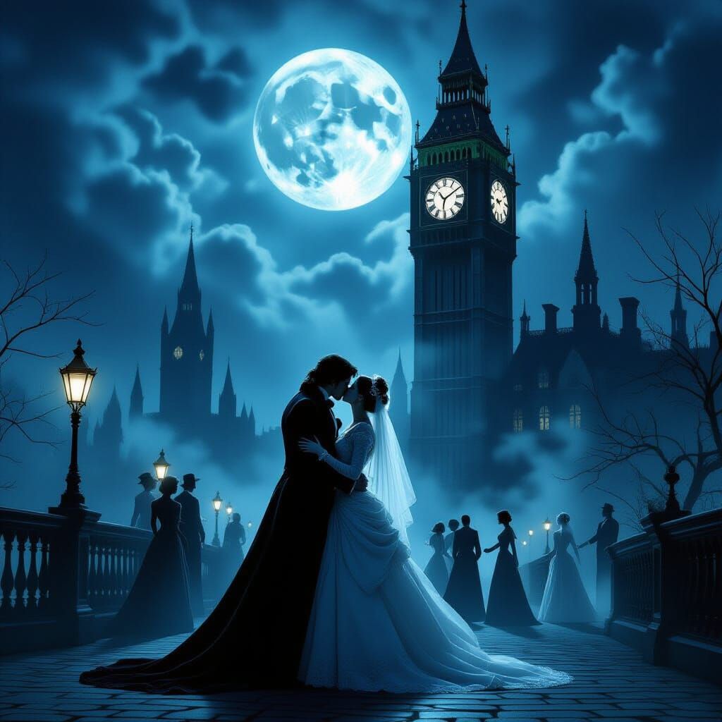 Ghostly Couples Kiss Under Gothic Clock Tower