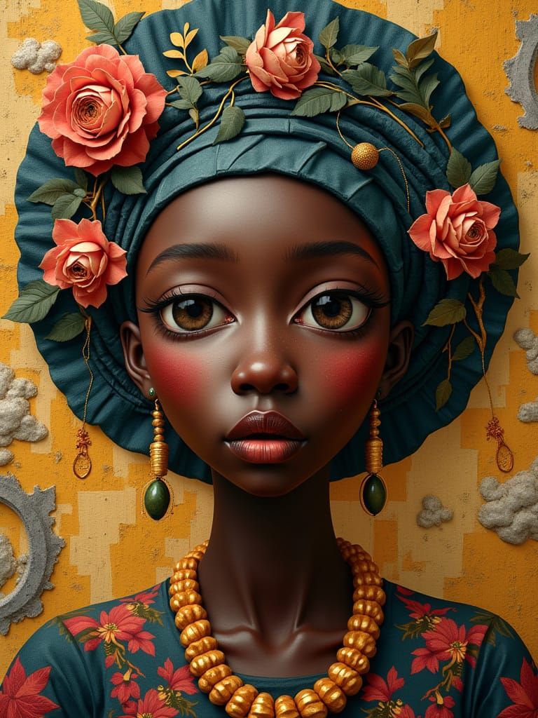 Ethereal Rococo Cubist Portrait of German African Woman