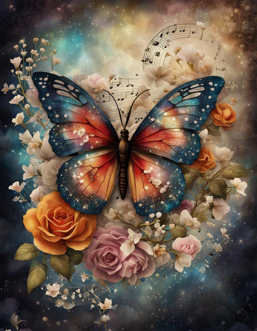 Vintage Butterfly with Floral and Pearl Arrangement