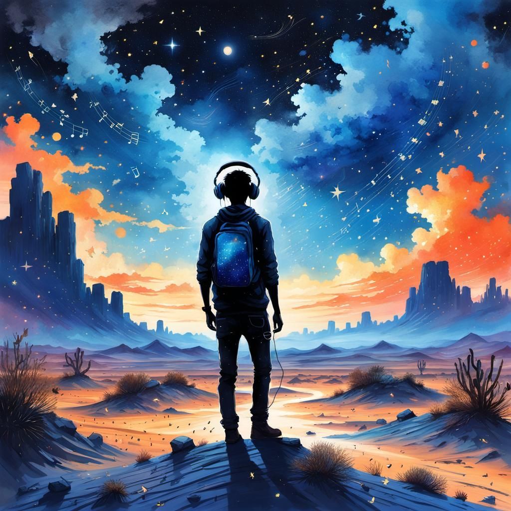 Stunning Watercolor Boy Silhouette in Starry Desert