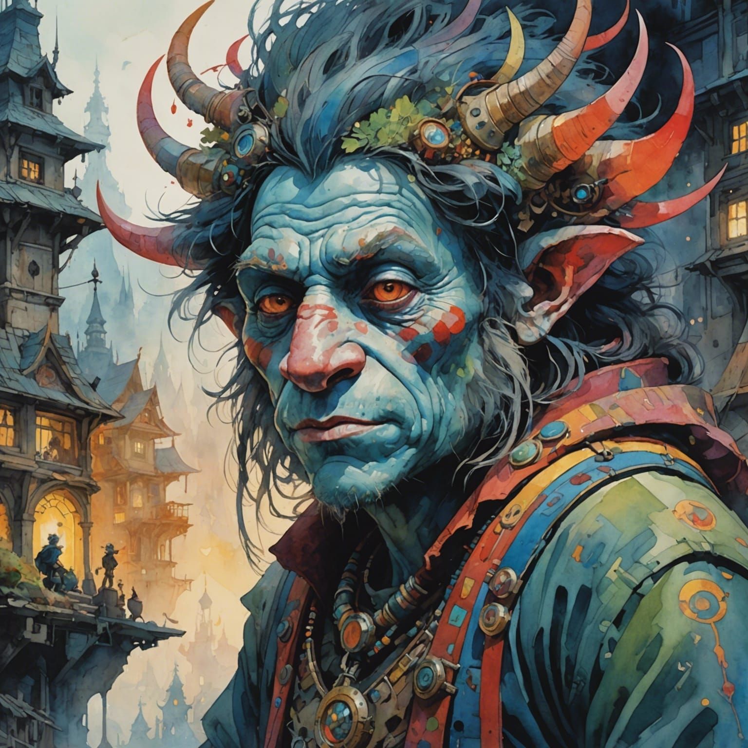 Detailed Troll Portrait in Watercolor Style