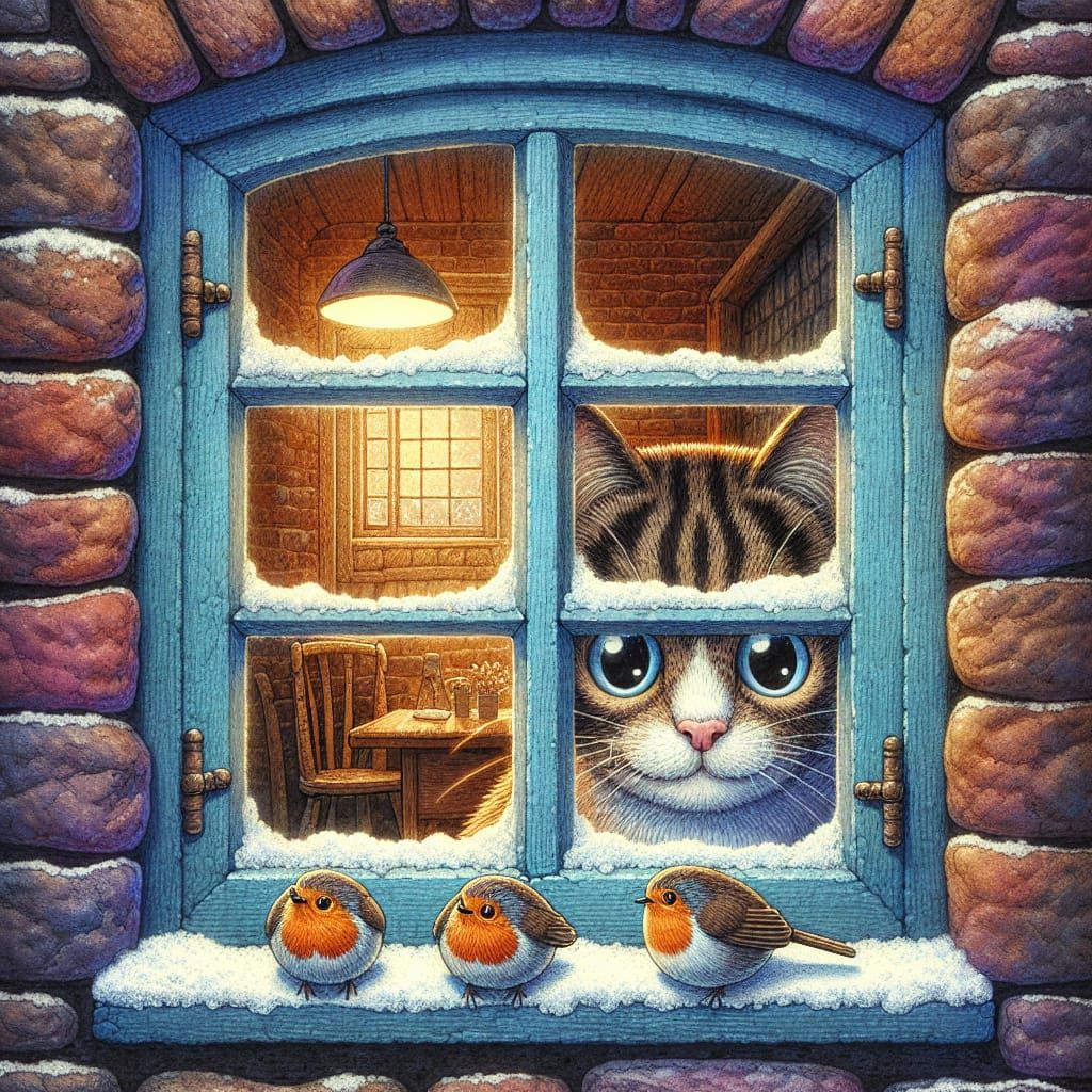 Cat Watching Robins Through Quaint Window