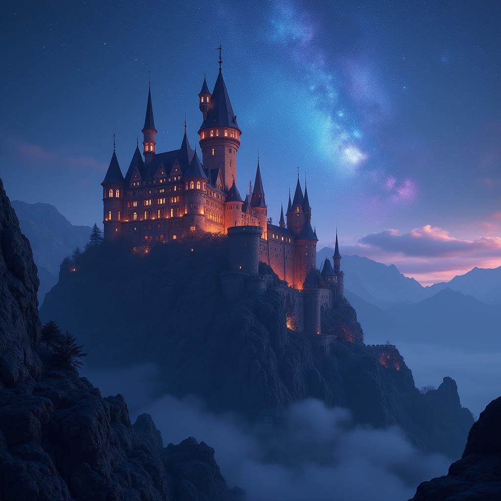 Epic Medieval Castle in Cosmic Fantasy Night Sky