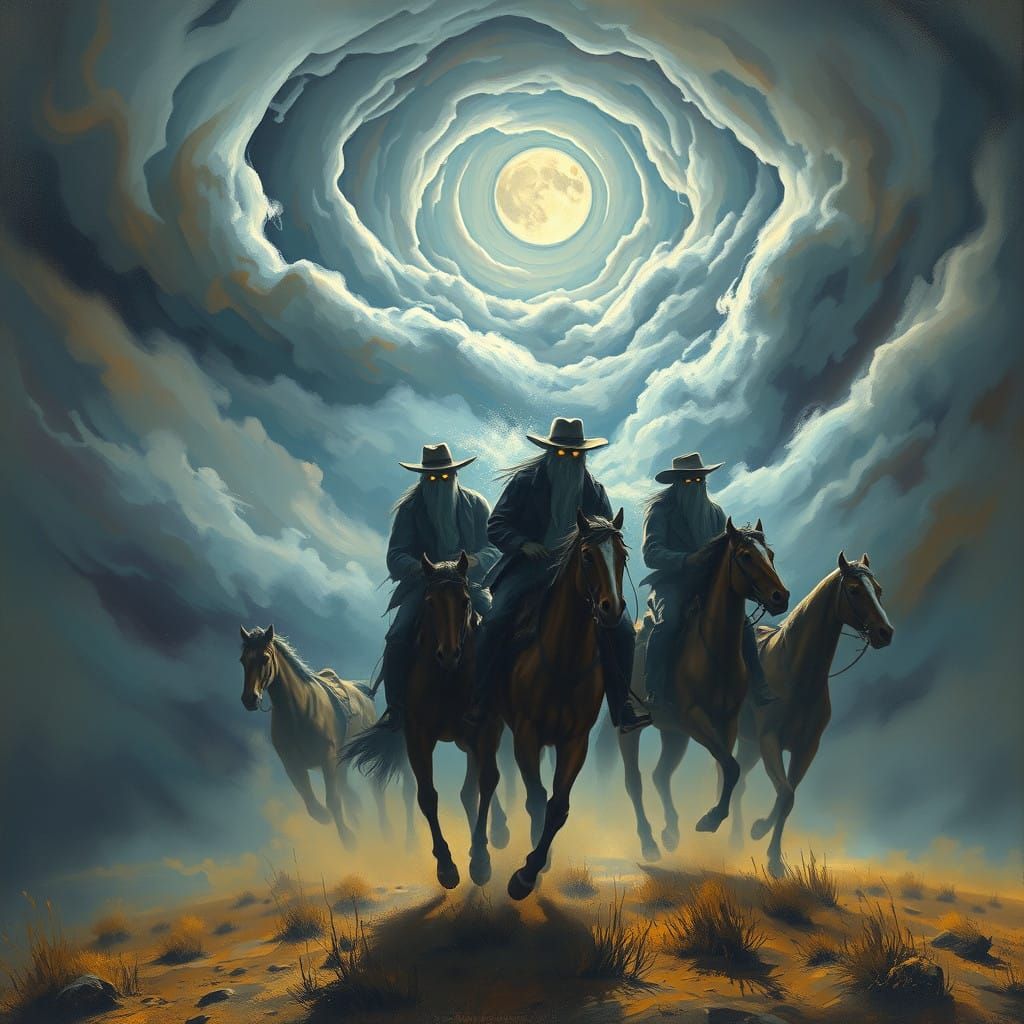 Ethereal Cowboys Ride Under Stormy Skies in Vibrant Surreali...
