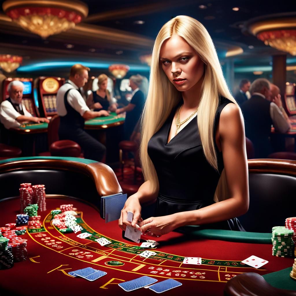 Voluptuous Black Jack Dealer Reveals Cards