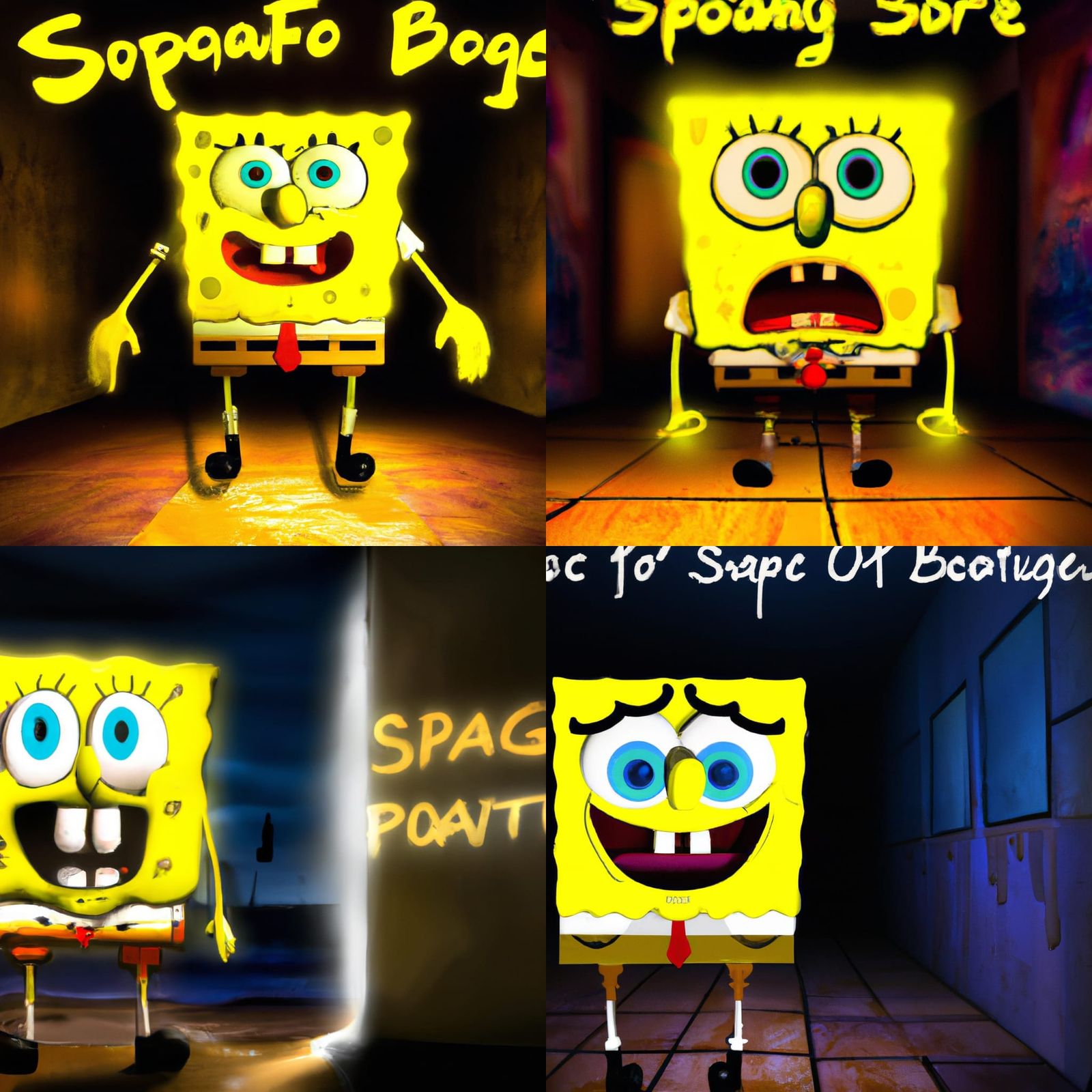 Spongebob Meme in Dark Hallway, Digital Art - AI Art, image size:1600x1600