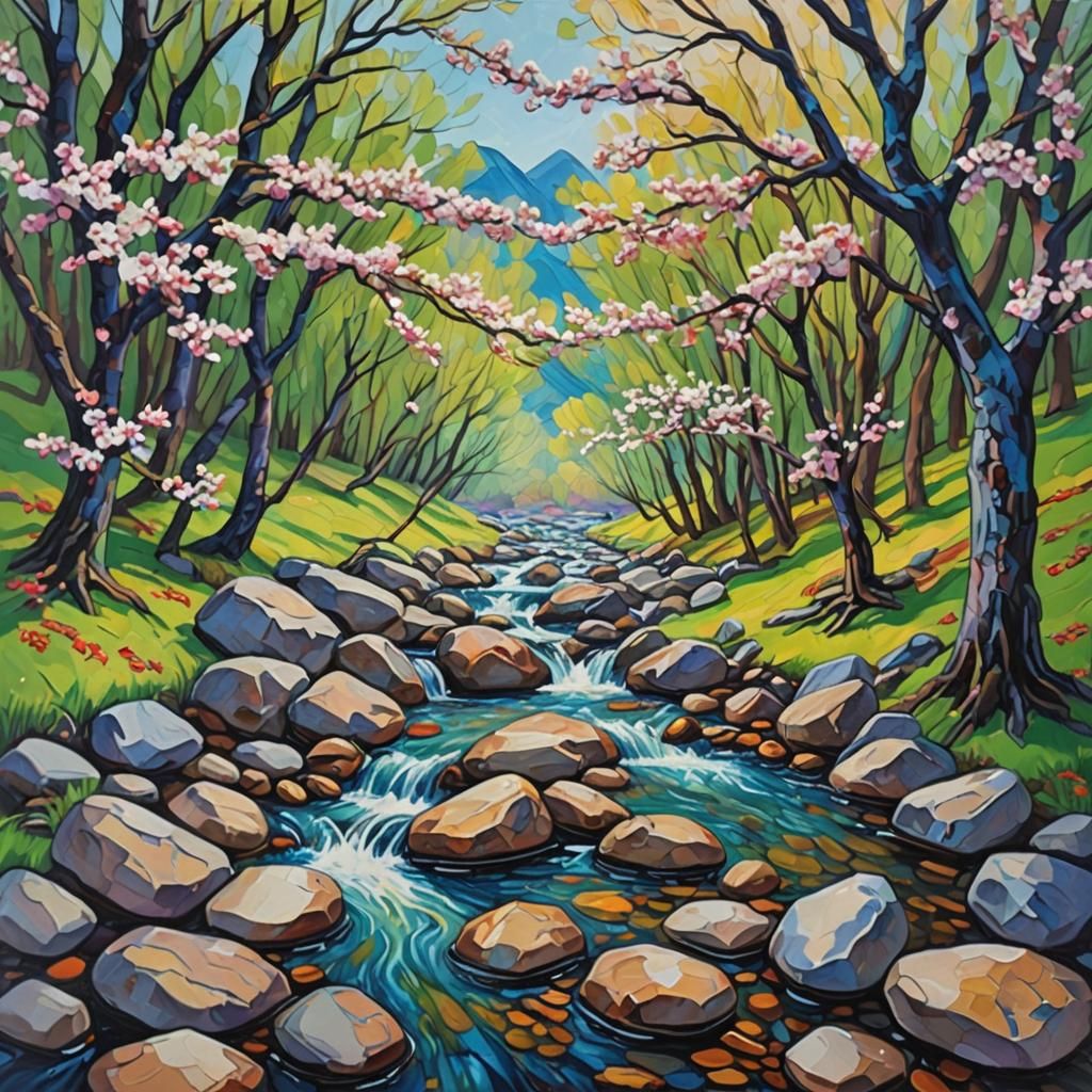 Mountain Stream in Expressionist Oil Painting Style