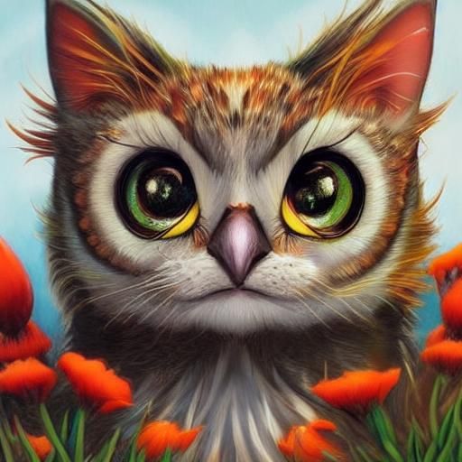 Cute Monster Cat in Flower Field: Fantasy Art