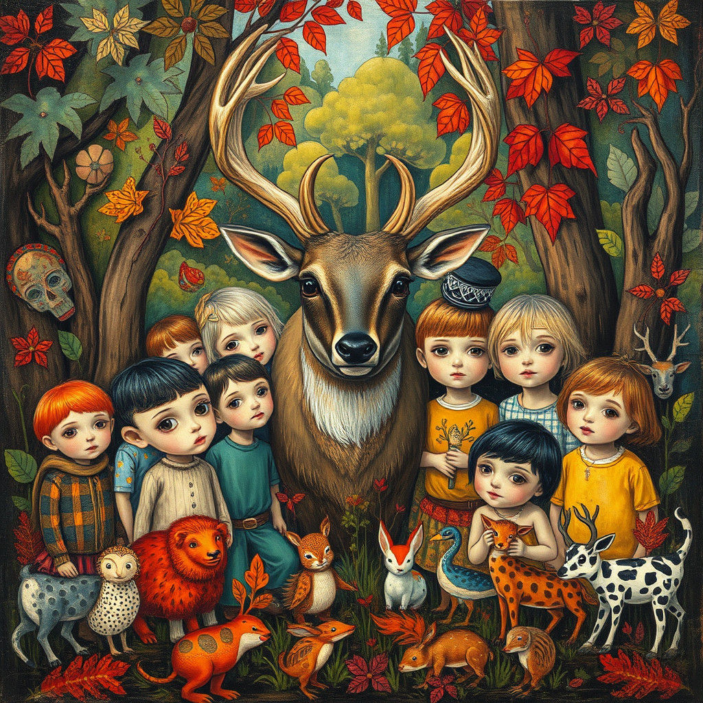 Children and Stag in Art Brut Style
