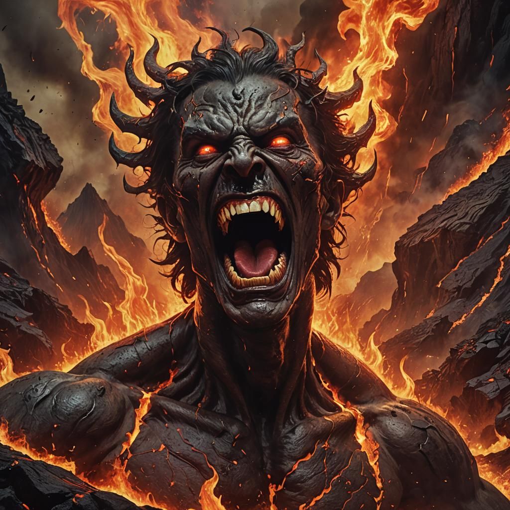 Demonic Figure Screaming in Volcanic Fire