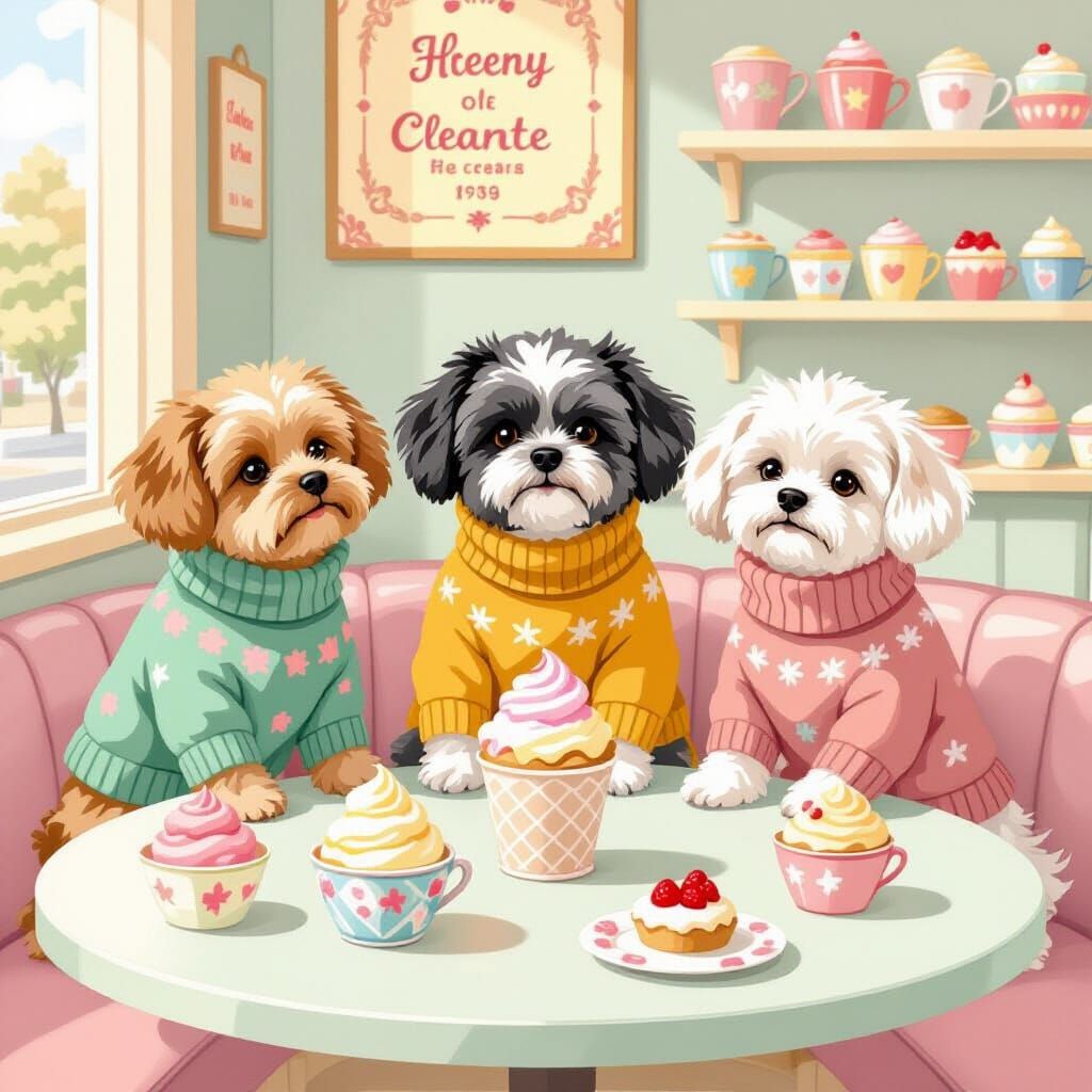 Dogs in an Ice Cream Parlor, Storybook Style