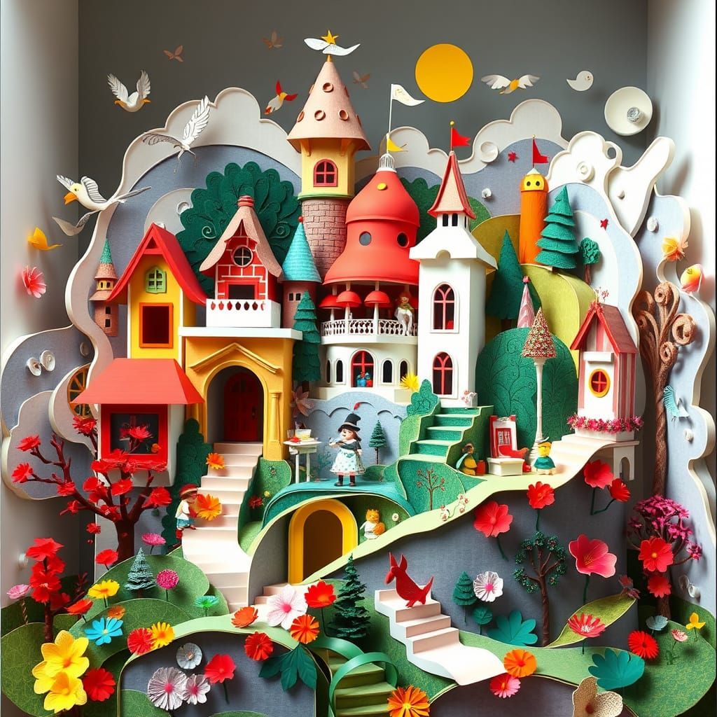 Vibrant Layered Paper Sculptures in Collage Style