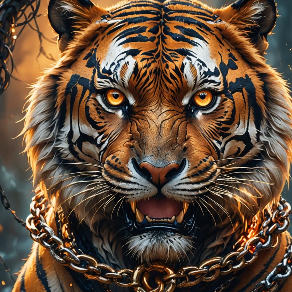 Ferocious Tiger with Chain, Detailed Fantasy Art