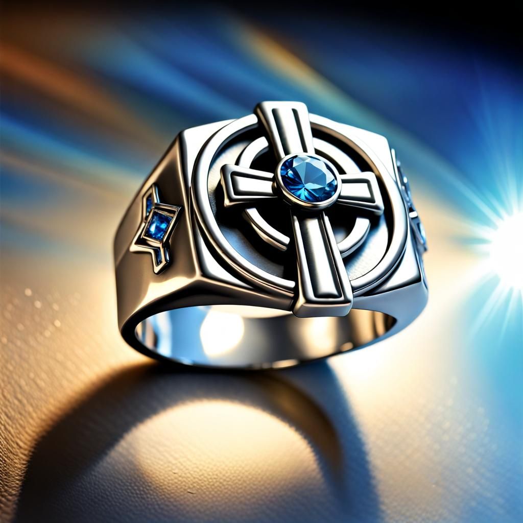 Silver Ring with Cross and Blue Diamond