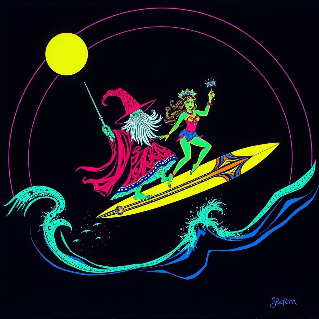 Wizard and Beach Girl Dancing: Blacklight Poster Art