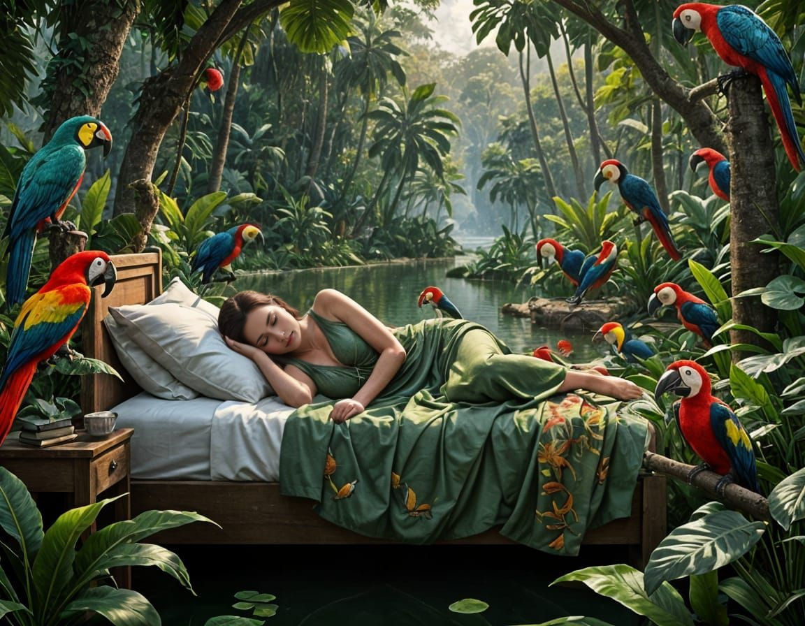 Woman Sleeping Beside Jungle Lake with Exotic Birds