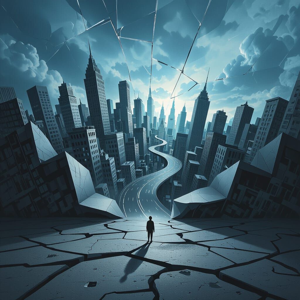 Surreal City Collapses Like Paper in Dark Fantasy Style