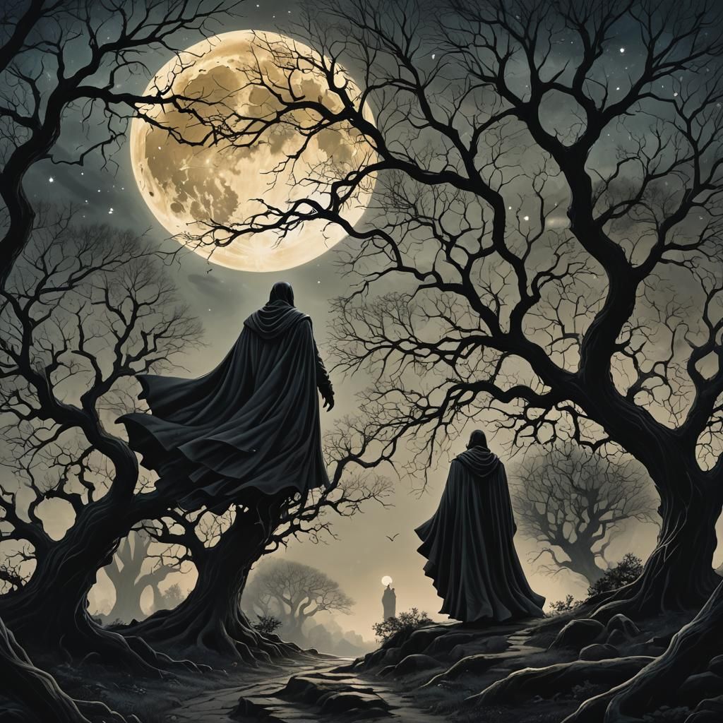 Mystical Moonlit Figure in Fantasy Landscape