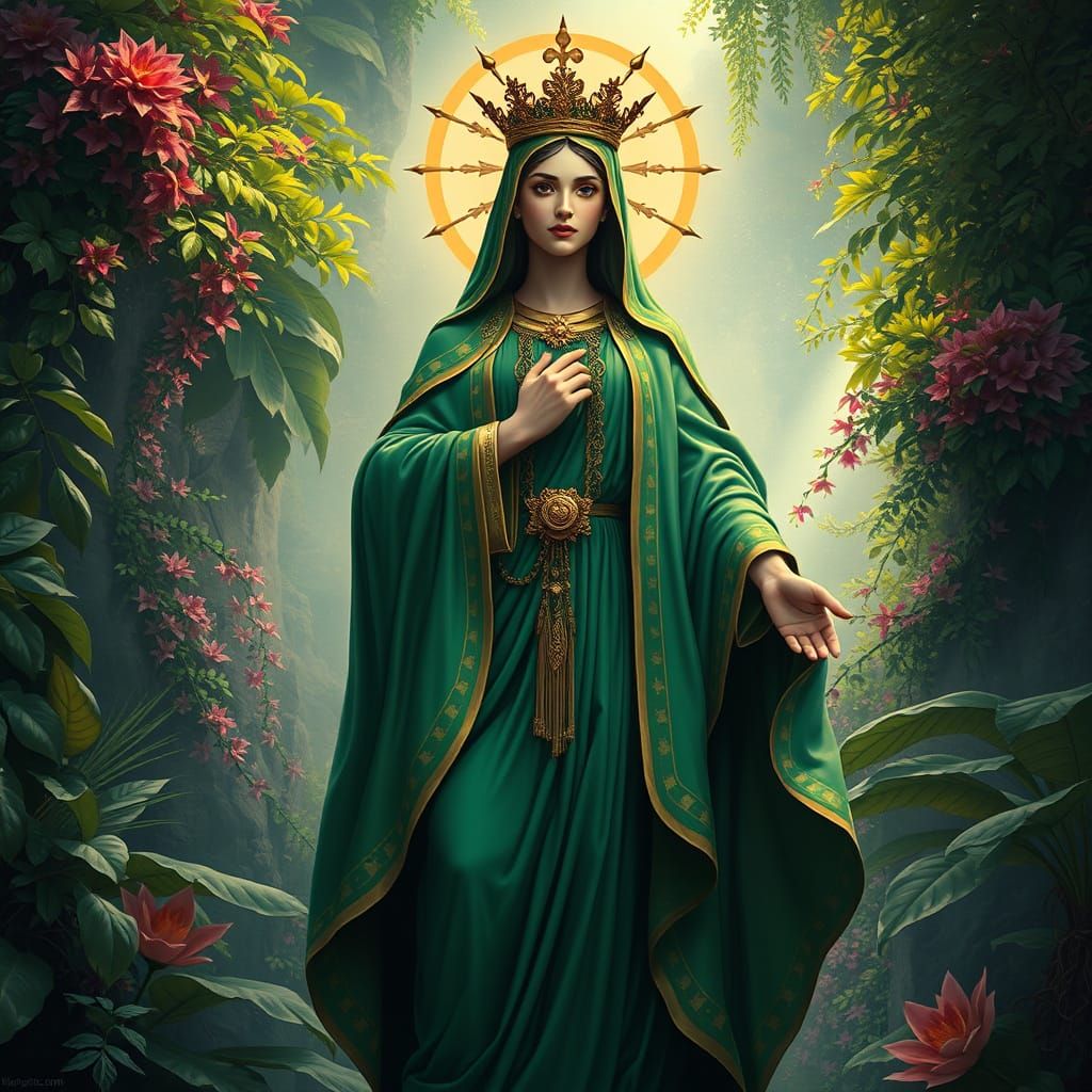Regal Mary as a Deity in a Fantastical, Emerald Green Hued L...