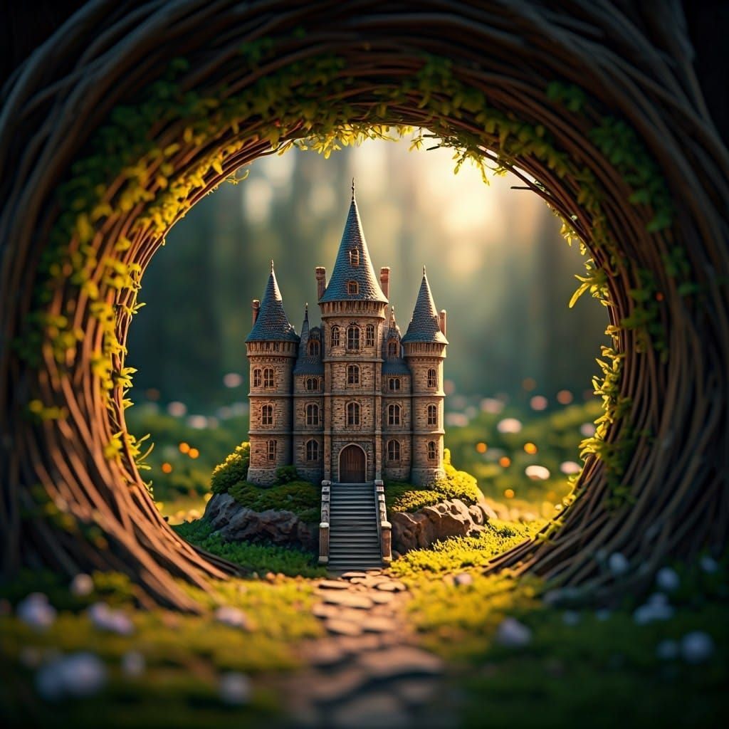 Miniature Castle in Glade with Cinematic Lighting