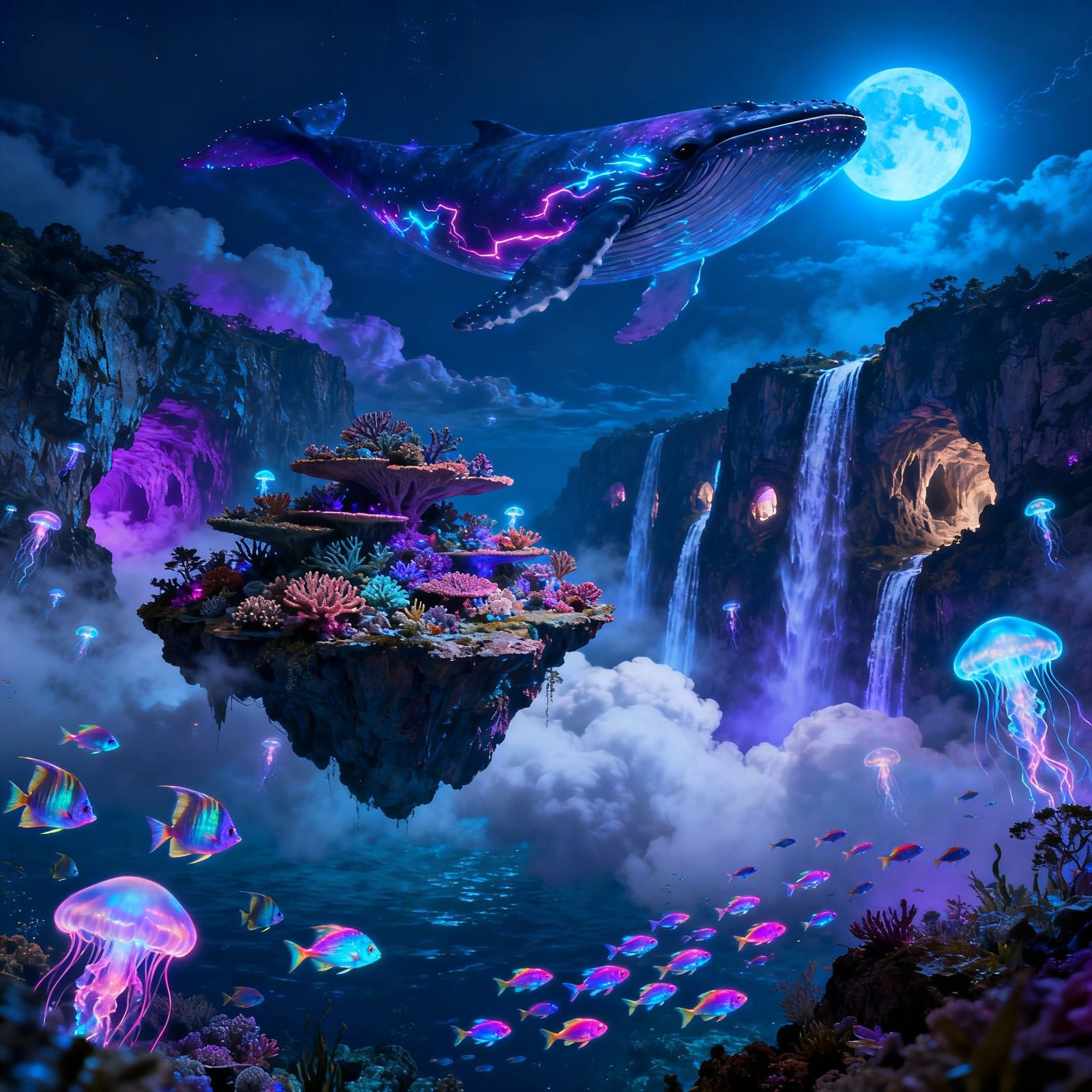 Floating Coral Reef Island in Sky with Bioluminescent Whale