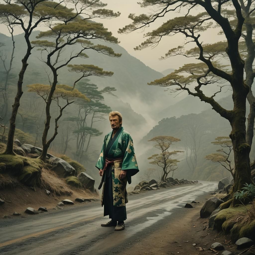 Johnny Hallyday in Kimono on Misty Mountain Road