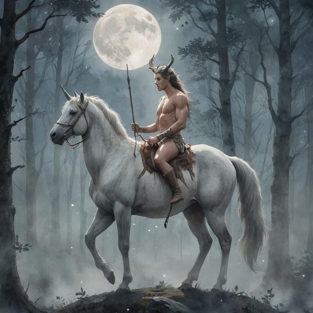 Ethereal Centaur in Misty Forest: Watercolor Art