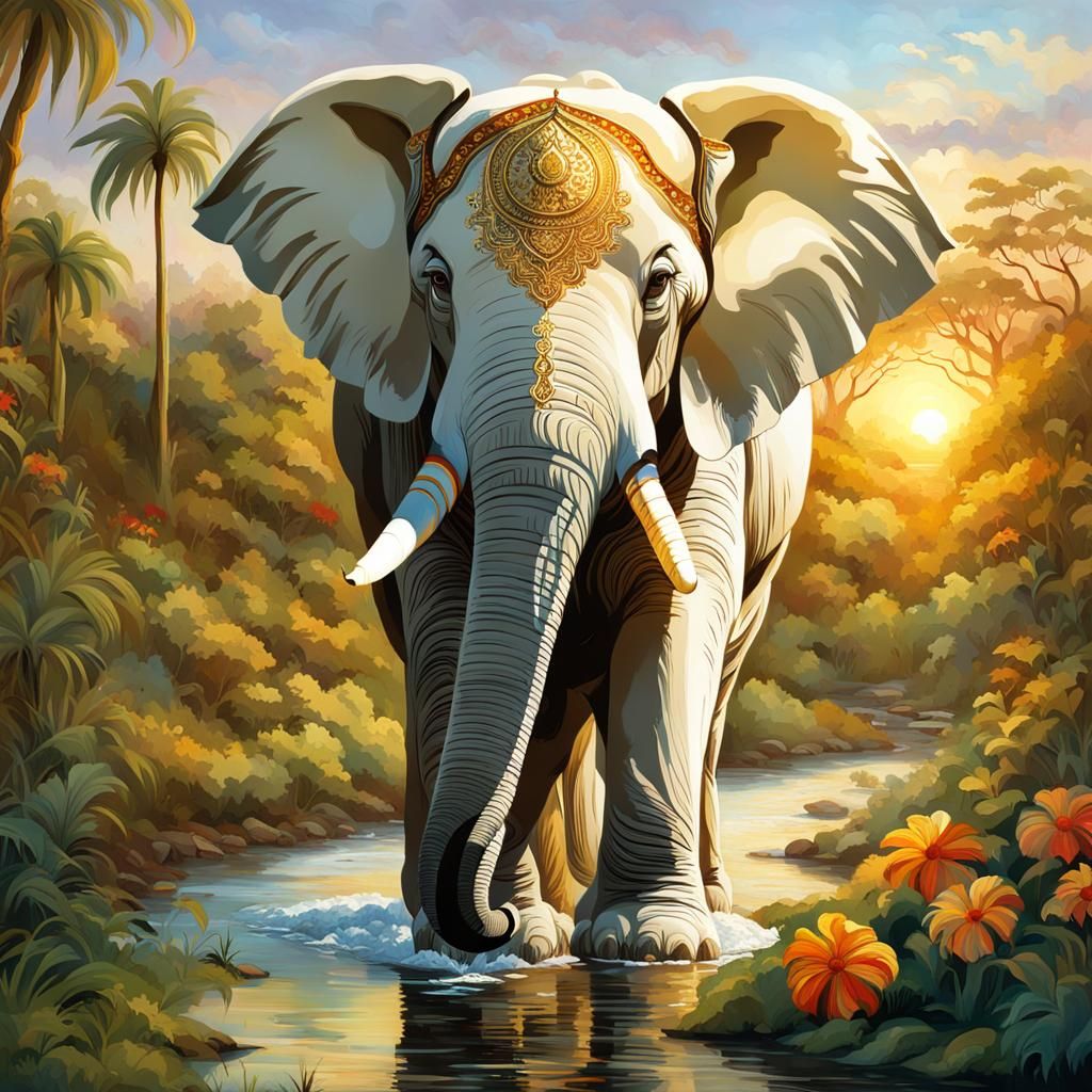 Elegant White Elephant in Jungle, Renaissance Painting
